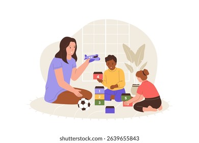 Home Child Care Illustration with Kids Playing Educational Toys and Parent Supervision. Illustrations for websites, landing pages, mobile apps, posters and banners
