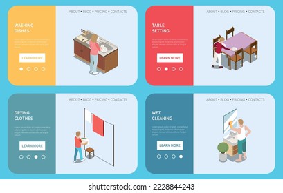 Home chores isometric landing pages depicting table setting washing dishes drying clothes wet cleaning vector illustration