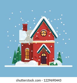 Home with christmas eve decorations or exterior view on building with wreath for 2019 new year celebration, xmas facade decor for greetings card. Celebration and party, festive and holiday theme