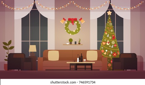 Home Christmas Interior With Pine Tree, Living Room Decoration For New Year Flat Vector Illustration