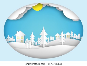 Home and Christmas trees in winter with cloud and yellow moon, Christmas paper cut decoration background
