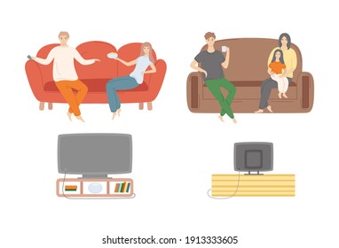 Home cinema center vector, man and woman watching film and eating popcorn, family of father, mother and child looking at screen of television at home