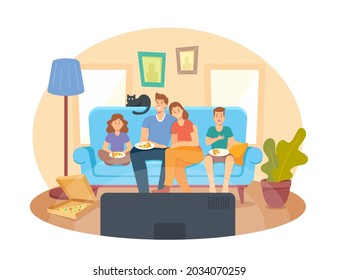 Home Cinema Concept. Happy Family Watching TV and Eating Pizza, Kids and Parents Characters Sitting on Couch in Lazy Weekend Evening. Leisure, Sparetime, Day Off. Cartoon People Vector Illustration