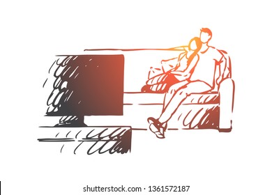 Home, cinema, couple, movie, relax concept. Hand drawn man and woman watch movie at home concept sketch. Isolated vector illustration.