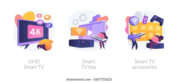 Home cinema, electronics and multimedia. Modern entertainment, leisure and pastime. UHD smart TV, smart TV box, smart TV accessories metaphors. Vector isolated concept metaphor illustrations.