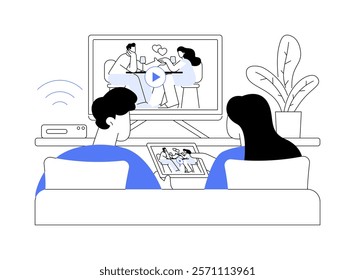 Home cinema isolated cartoon vector illustrations. Young couple watching a cinema on smart TV screen at home, holding tablet, movie night, indoors entertainment time vector cartoon.