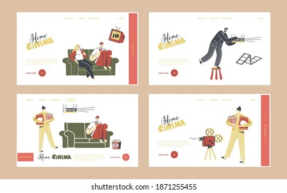 Home Cinema Landing Page Template Set. People Watching TV with Soda and Pop Corn, Characters Sitting on Couch Together in Lazy Weekend Evening. Leisure, Sparetime, Day Off. Linear Vector Illustration