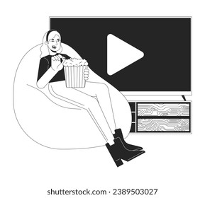 Home cinema popcorn black and white cartoon flat illustration. Caucasian girl on beanbag chair eating popcorn 2D lineart character isolated. Watching movie stream monochrome scene vector outline image