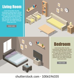 Home cinema room interior isometric banner set