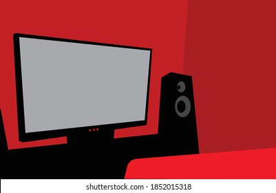 Home cinema. A room with a large TV and speakers. Vector template. Vector image for illustrations.