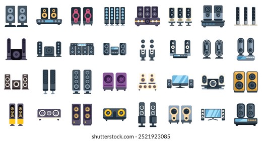 Home cinema sound system playing music icons set vector. Isometric view front, side and rear view