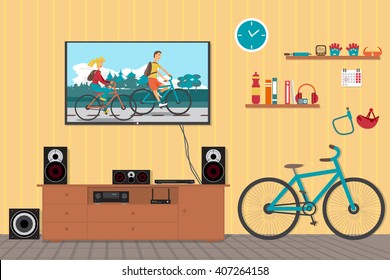 Home cinema system in interior room with bike. Home theater flat vector illustration. TV, loudspeakers, player, receiver, subwoofer for home movie theater and music in the apartment. Bi?ycle in room