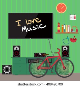 Home cinema system in interior room with bike. Home theater flat vector illustration. TV, loudspeakers, player, receiver, subwoofer for home movie theater and music in the apartment. Bi?ycle in room