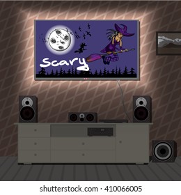 Home cinema system in interior room a film about Halloween. Home theater flat vector illustration. TV, floor loudspeakers, player, receiver, subwoofer for home movie theater and music in  apartment