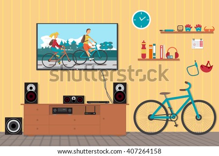 Home cinema system in interior room with bike. Home theater flat vector illustration. TV, loudspeakers, player, receiver, subwoofer for home movie theater and music in the apartment. Bi?ycle in room