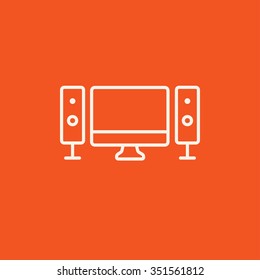  Icono de línea del sistema de cine en casa para web, móviles e infografías. Icono blanco vector aislado en fondo rojo.