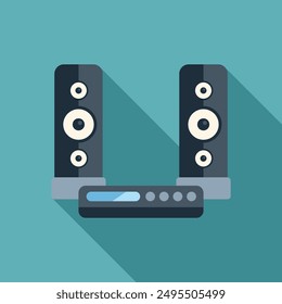 Home cinema system playing music with long shadow on turquoise background