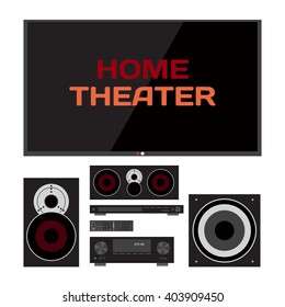 Home cinema system. Home theater flat vector illustration. TV, loudspeakers, player, receiver, subwoofer, remote for home movie theater and music