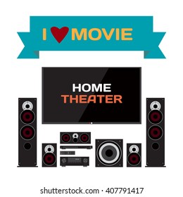 Home cinema system. Home theater flat vector illustration for music lovers and film fans. TV, loudspeakers, player, receiver, subwoofer for home movie theater and music
