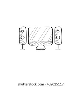 Heimkino-System, Vektorgrafik Symbol einzeln auf Hintergrund. Handgezeichnetes Home Cinema System Symbol.  Startseite Kinosystem Skizze Symbol für Infografik, Website oder App.