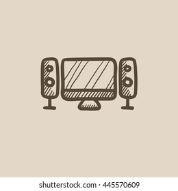 Icono de esbozo vectorial del sistema de cine en casa aislado en segundo plano. Hand dibujó el icono del sistema de cine en casa.  Icono de boceto del sistema de cine en casa para infografía, sitio web o aplicación.