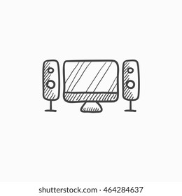 Icono de esbozo vectorial del sistema de cine en casa aislado en segundo plano. Hand dibujó el icono del sistema de cine en casa.  Icono de boceto del sistema de cine en casa para infografía, sitio web o aplicación.