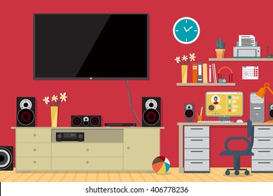 Home cinema system and workplace in interior room. Home theater flat vector illustration. TV, loudspeakers, computer, player, receiver, subwoofer for home movie theater and music in the apartment