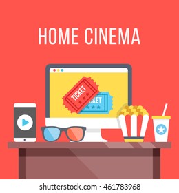 Home cinema. Table with desktop computer, cinema tickets on screen, 3D glasses, smartphone with play button, popcorn and soda. Watch movies online concept. Modern flat design vector illustration