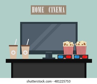 Home cinema. There is home cinema, 3D glasses, popcorn and coffee in the picture. Watch movies online concept. Vector flat illustration