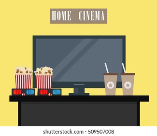 Home cinema. There is home cinema, 3D glasses, popcorn and coffee on a yellow background in the picture. Watch movies online concept. 