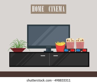 Home cinema. There is home cinema, curbstone, flower, 3D glasses, popcorn, french fries in the picture. Watch movies online concept. Vector flat illustration