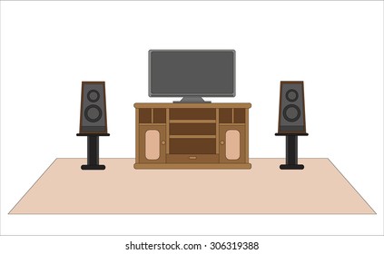  home cinema with TV and tall speakers on the sides cartoon vector