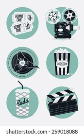 Home cinema vector concept design with clapperboard and cinema motion picture film reel