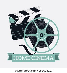 Home cinema vector concept design with clapperboard and cinema motion picture film reel