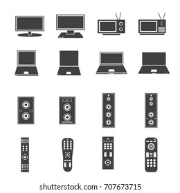 Home cinema vector icon set black isolated on white background, remote control, computer, television, laptop, loudspeaker