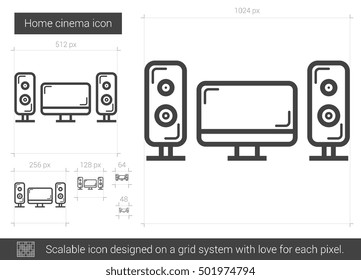 Heimkino-Vektorsymbol einzeln auf weißem Hintergrund. Home Cinema Line Symbol für Infografik, Website oder App. Skalierbares Symbol, das auf einem Gittersystem entworfen wurde.