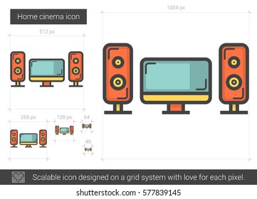 Heimkino-Vektorsymbol einzeln auf weißem Hintergrund. Home Cinema Line Symbol für Infografik, Website oder App. Skalierbares Symbol, das auf einem Gittersystem entworfen wurde.