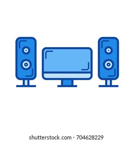Icono de línea vectorial de cine en casa aislado en fondo blanco. Icono de línea de cine en casa para infografía, sitio web o aplicación. Icono azul diseñado en un sistema de cuadrícula.