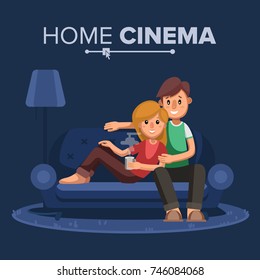 Home Cinema Vector. Home Room With TV Screen. Using Television Together. Online Home Movie. Cartoon Character Illustration