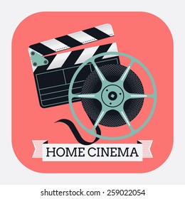 Home cinema vector rounded corners web or application icon with clapperboard and cinema motion picture film reel