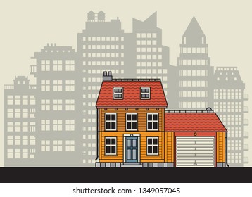 Home at the city in flat design style. Residential house, vector illustration