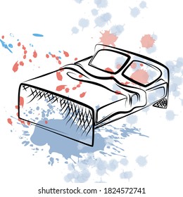 Cama doble clásica casera en un estilo de dibujo lineal, dibujo. Elemento para el interior del hogar sobre el fondo de salpicaduras multicolor de pintura al BLOB. Ilustración vectorial.