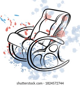 Home classic rocking chair in the style of linear drawing, sketch. Item for home interior on the background of multi-colored splashes of paint to the BLOB. Vector illustration.