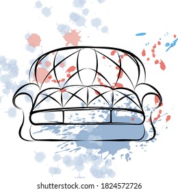 El sofá casero clásico en el estilo del dibujo lineal, el boceto. Elemento para el interior del hogar sobre el fondo de salpicaduras multicolor de pintura al BLOB. Ilustración vectorial.