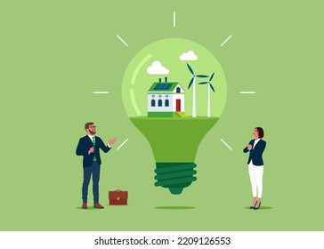 Home with and clean energy windmill on Light bulb on green background. Green energy technology.  Flat vector illustration.