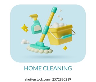 Home cleaning 3d style composition with a mop, a bucket with soap and spray cleaner. Cute realistic vector house cleanup icon