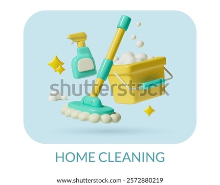 Home cleaning 3d style composition with a mop, a bucket with soap and spray cleaner. Cute realistic vector house cleanup icon