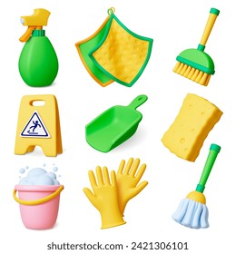 Home cleaning 3d tools. Isolated render realistic elements. Cleaning service equipment, broom, bucket and napkin. Household pithy vector clipart