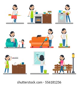 Home Cleaning Flat Collection With Sweeping Ironing Shopping Playing Cooking And Washing Woman Isolated Vector Illustration