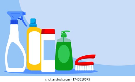 Home cleaning and housekeeping. Cleaning supplies and items. Copy space over gray background.